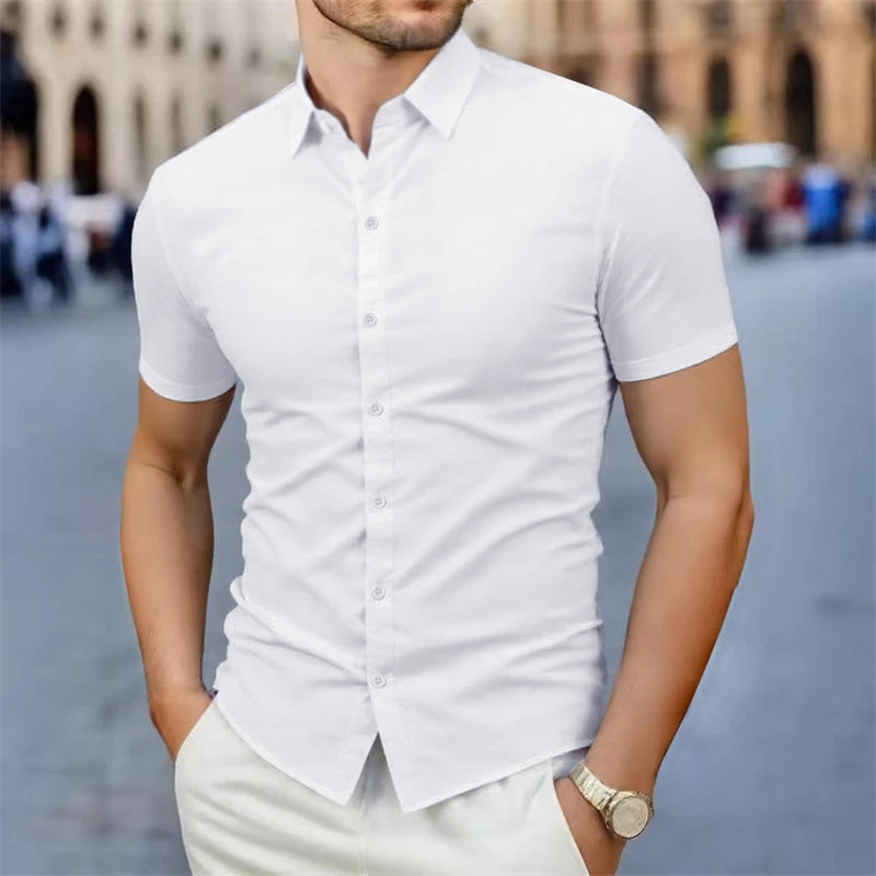 2025 New Men's Business Casual Solid Color Short Sleeved Shirt for Summer Fashion No Ironing Comfortable and Versatile Top