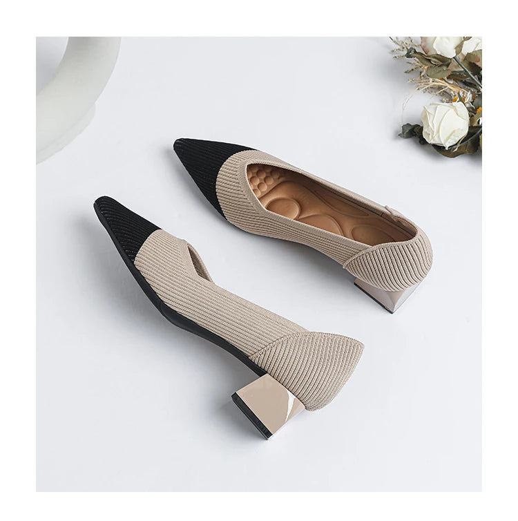 2026 New Women's High Heels Large 42/43 Fashion Pointed Anti slip Rubber Bottom Knitted Breathable Shoes