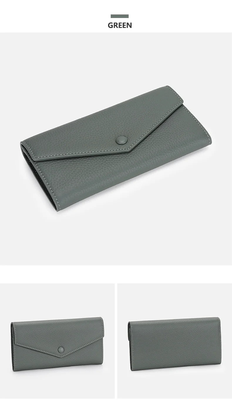 Ladies Genuine Leather Long Wallet Women's Large Capacity Clutch Wallet Envelope Multifunctional Mobile Phone Wallet Purse