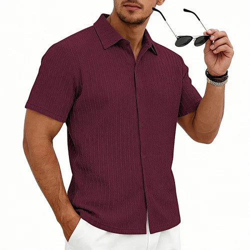 European and American Men's Casual Jacquard Shirt Men's Summer Solid Color Lapel Breathable Men's Short-Sleeved Shirt Top