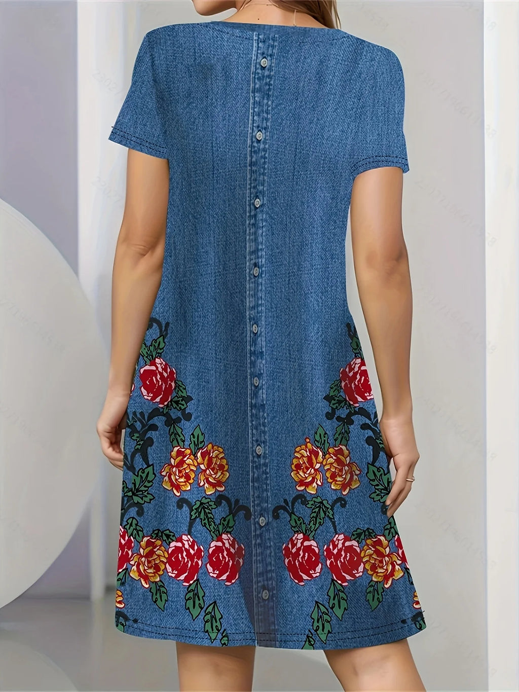 Women's Summer Short Seeved Round Neck Casual Mini Dress Vintage 3D Imitation Denim Printed Dress Elegant Women's Dress Vestidos