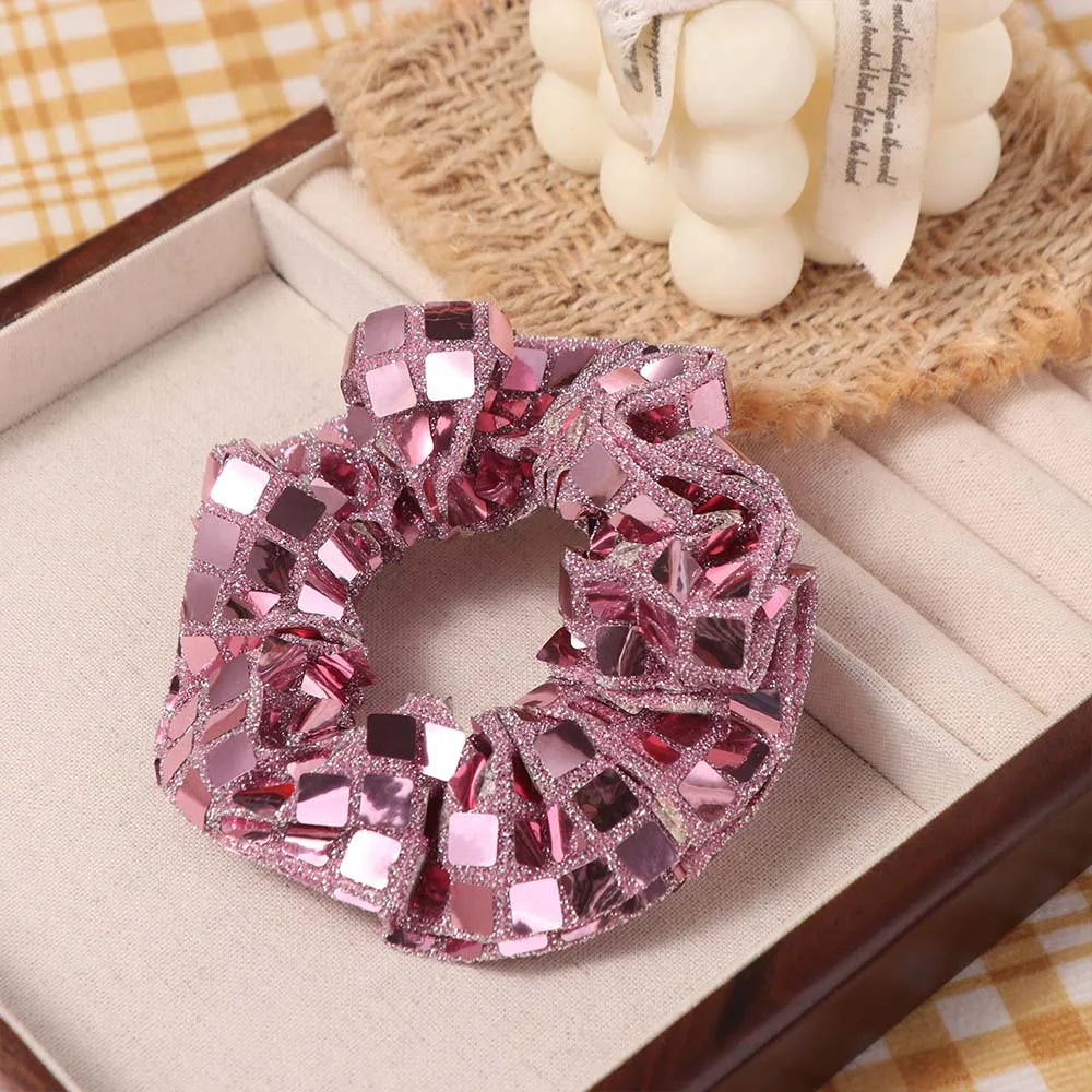 6pcs Square Sequin Sequin Hair Rope Retro Disco Pleated Design Rubber Bands Set Ponytail Holder Super Shiny Women's Hair Ties