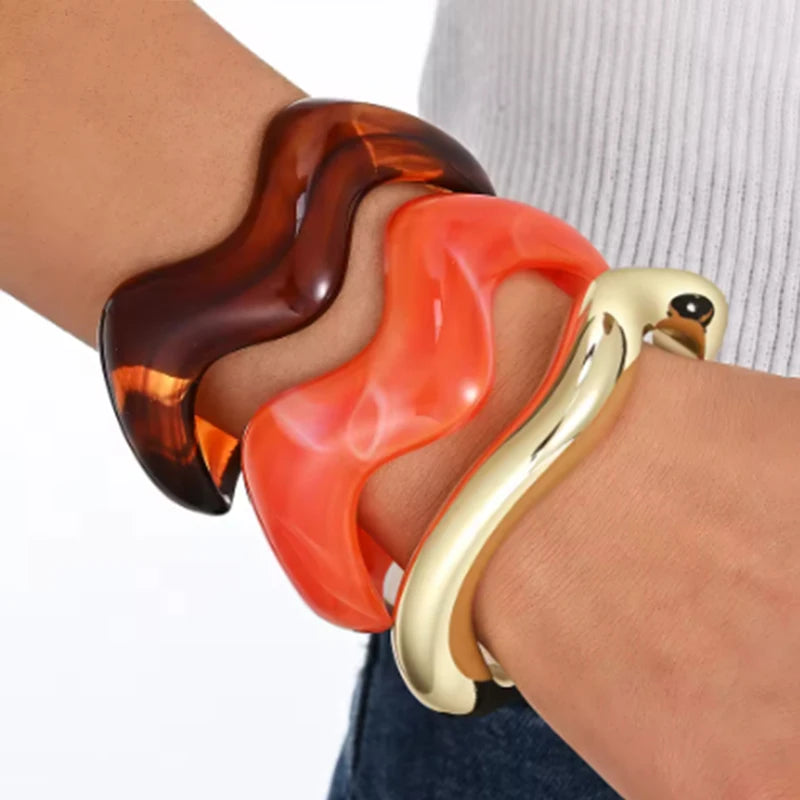 3 Pcs Irregular Wavy Resin Metal Bangle Set For Women Open Cuff Bracelets Bohemian Beach Vacation Stackable Trendy Jewelry Gifts