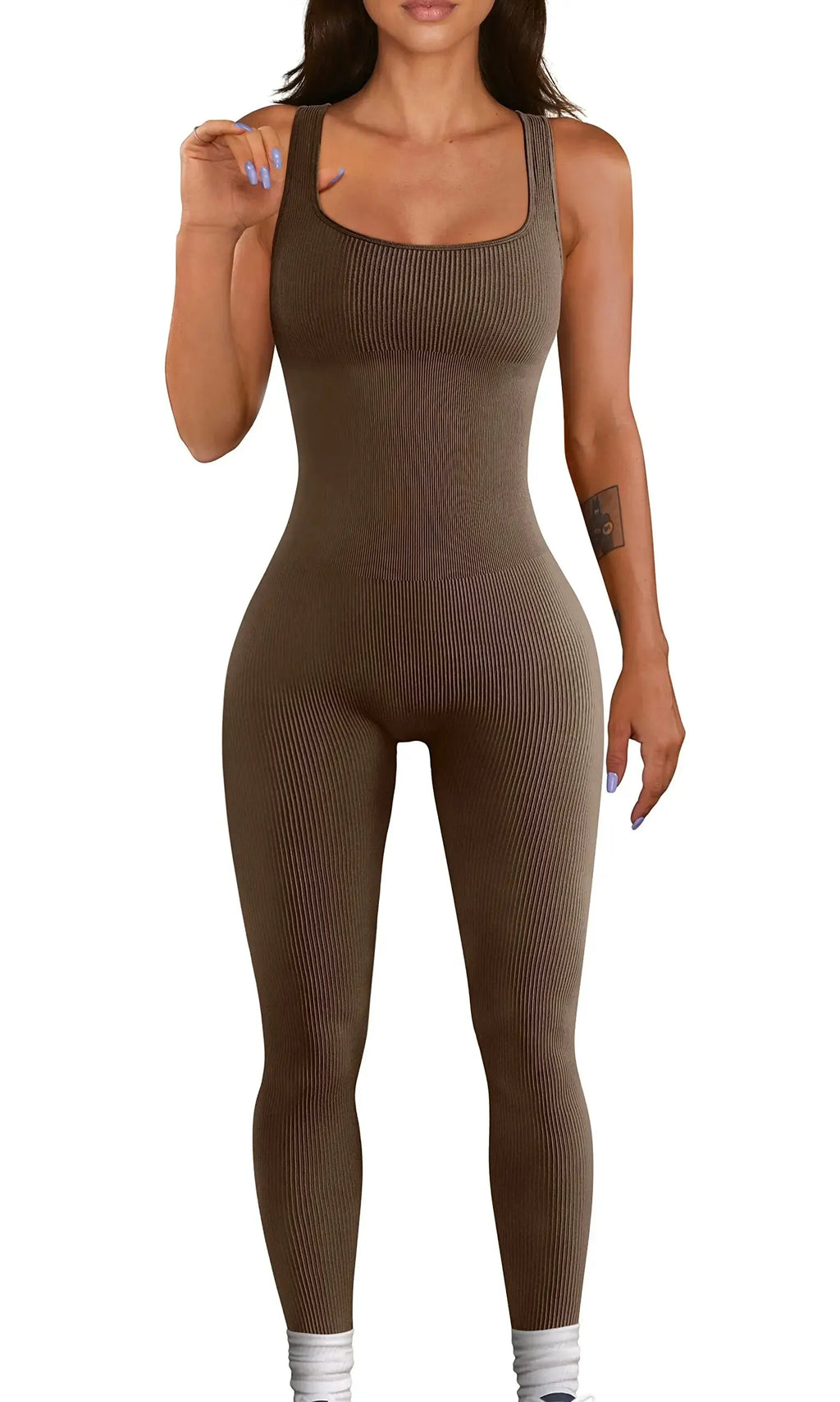 CZGUKE Women's seamless one-piece sportswear yoga ribbed slim-fitting one-piece square-neck base pants long pants fitness wear