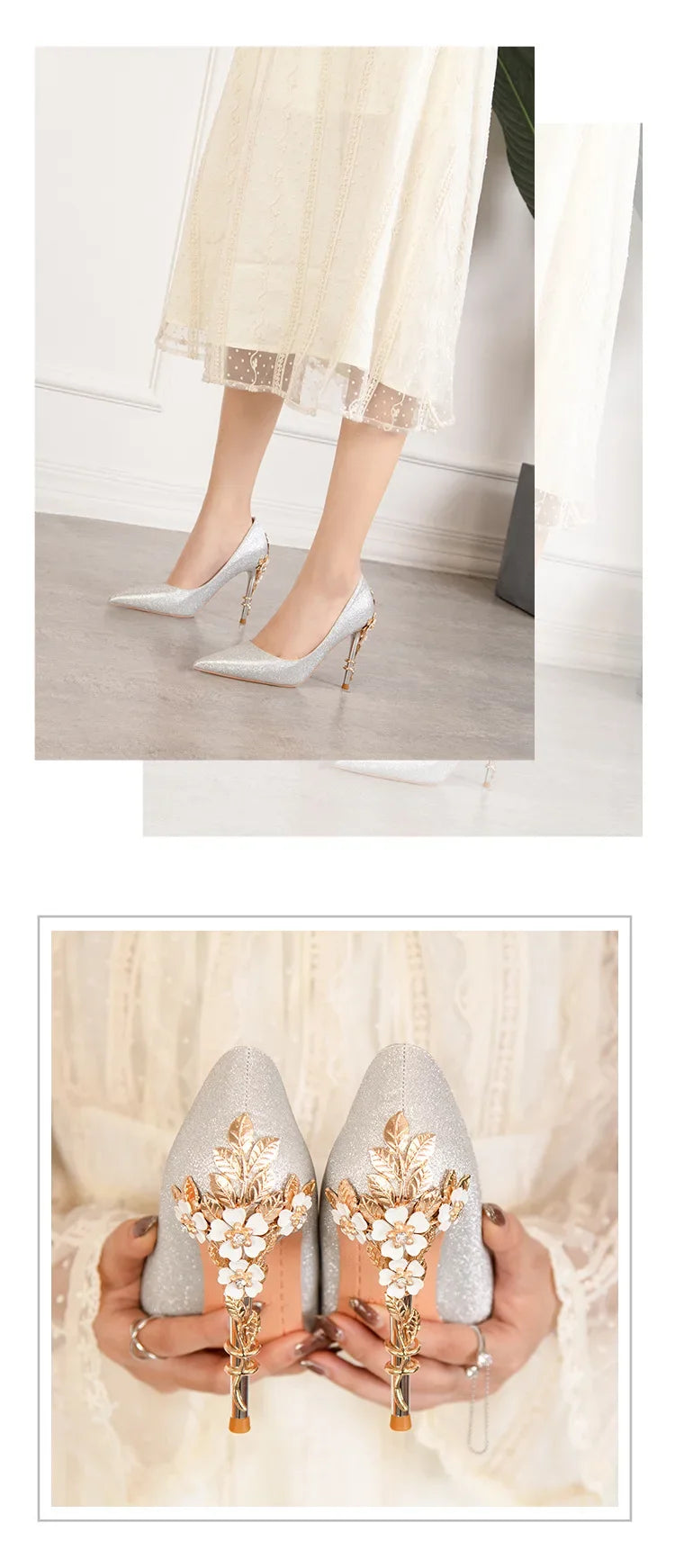 High End Metal Flower High Heels New European American Fashion Luxury Sexy Pointed Women's Shoes Banquet Party Casual Shoes