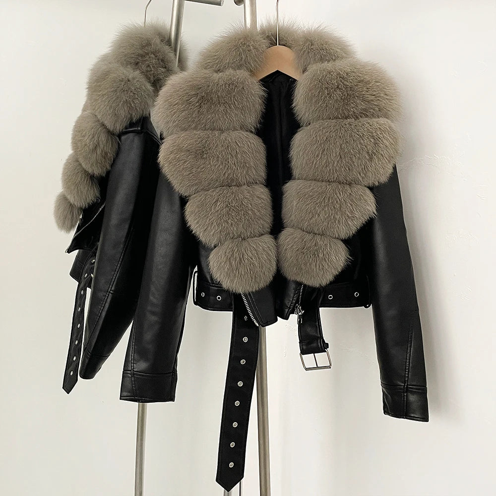 Elegant Faux Leather Jacket Female New Natural Fox Fur Autumn Short Top Clothing PU Women Long Sleeve Fake Leather Real Fur Coat