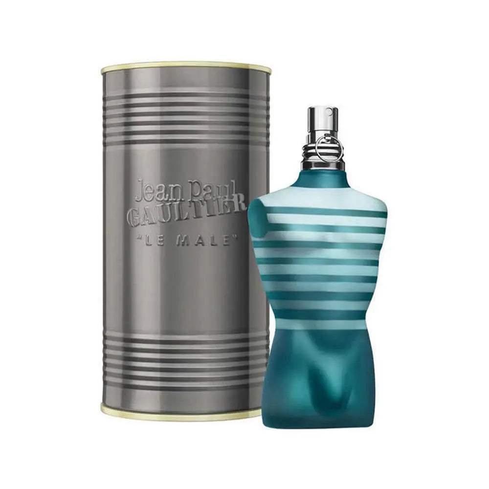 Jean Paul Gaultier Le Male Eau De Toilette 125ML With Original Silver Cylindrical Gift Box Long Lasting Fresh Mint Lavender Vanilla Woody Fragrance Men Perfume Matte Teal Striped Torso Bottle Silver Ring Cap Masculine Daily S