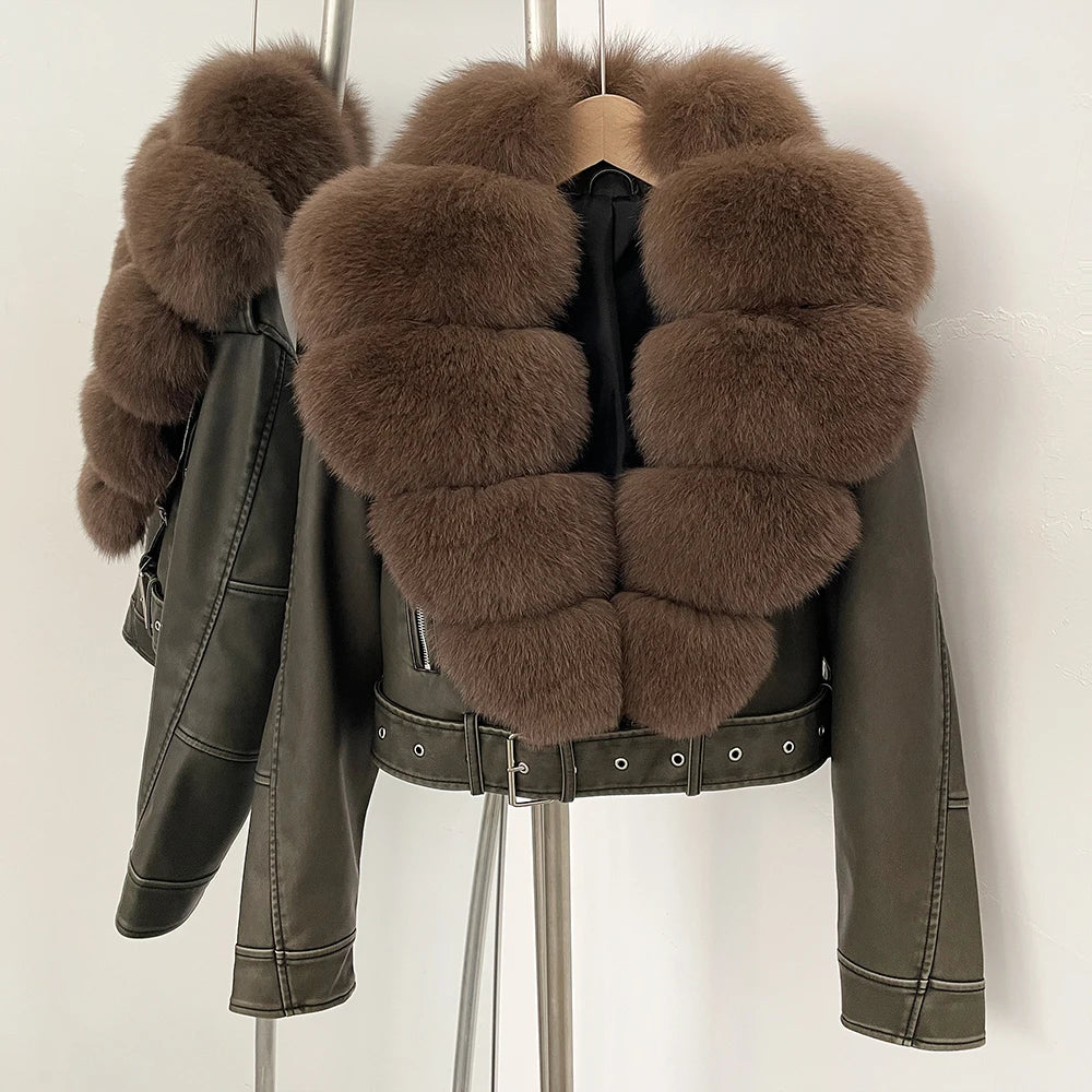 Faux PU Leather Jacket Natural Fox Fur Female New Autumn Short Top Clothing Women Long Sleeve Fake Leather Coat Real Fur Coat