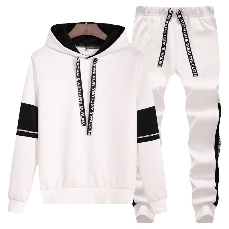 Autumn Unisex Korean Color Block Hooded Two Piece Tracksuit Letter Print Drawstring Hoodie Jogger Pants Loose Hip Hop Student Da