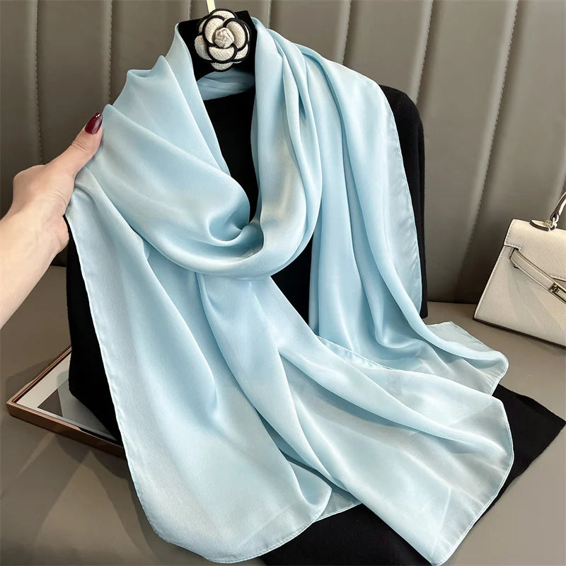 2024 Luxury Brand Silk Scarf for Women Large Shawl Wrap Headband Solid Design Hijab Beach Stoles Female Foulard Echarpe Bandana