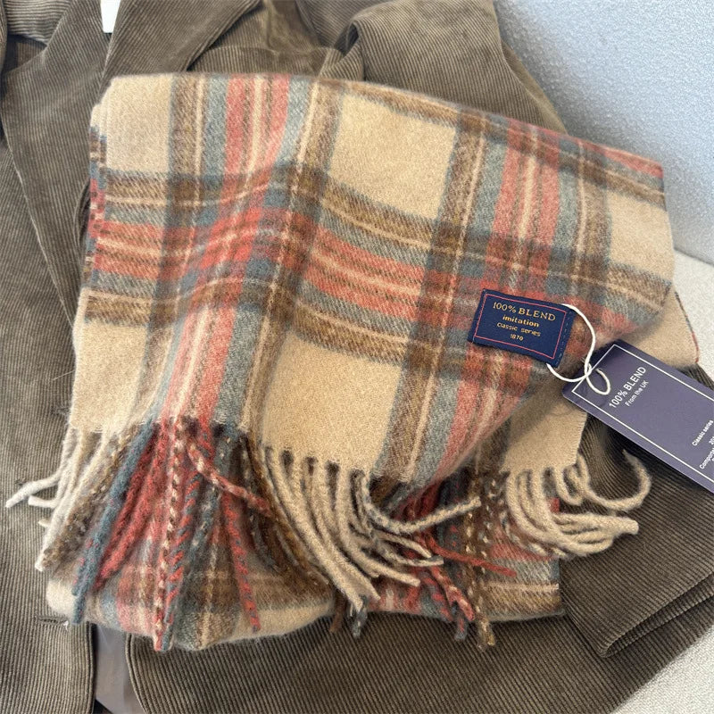 Faux Cashmere Plaid Scarf British Classic Style Light Luxury Unisex Warm Winter Autumn Neck Wrap for Couple
