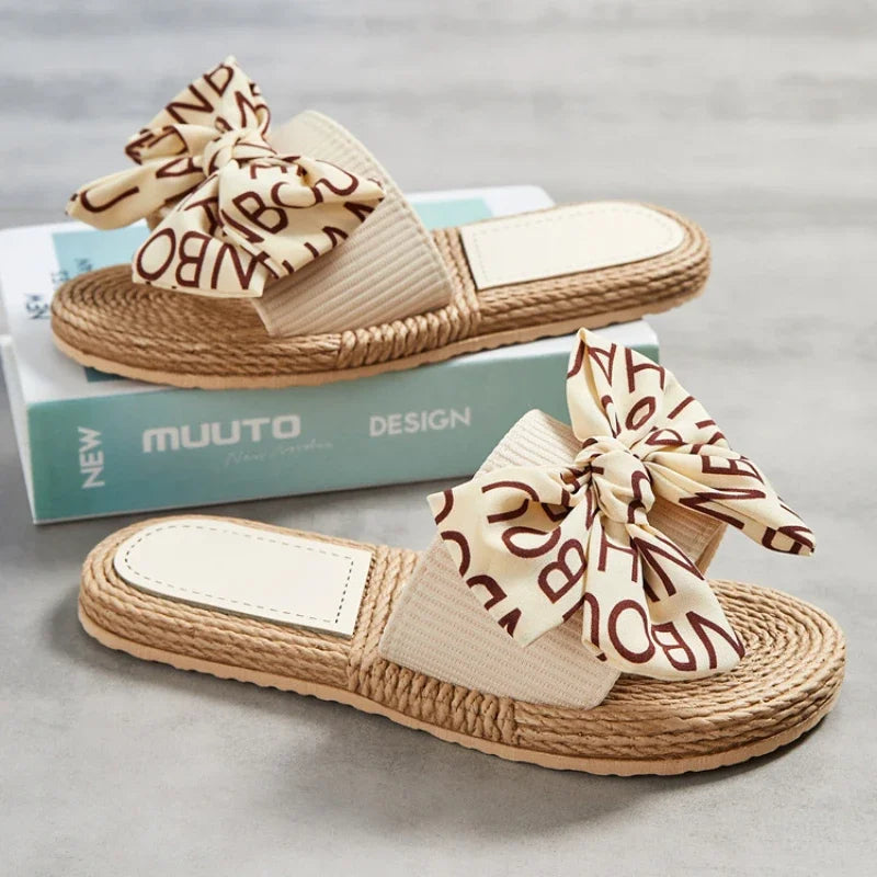 Female Summer Slippers Artificial Straw Sole Shoes Lady Summer Indoor Flat with Flip Flops Stitching Floral Women Slippers