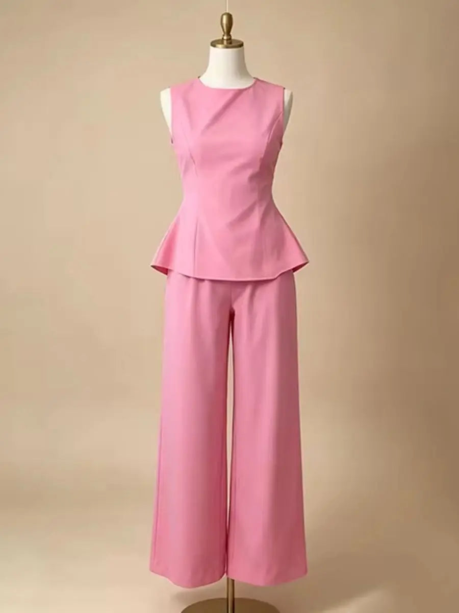 2026 Women Elegant Back Tie Sleeveless Peplum Top + Wide Leg Pants 2 Piece Casual Set