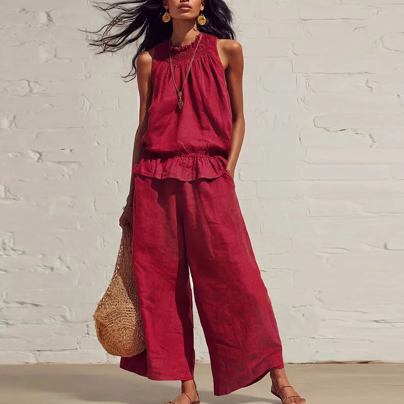 Summer Cotton Linen Solid Color Sleeveless Vest Top Women Pants Suit Casual Pocket Elegant Female Office Retro 2 Piece Set
