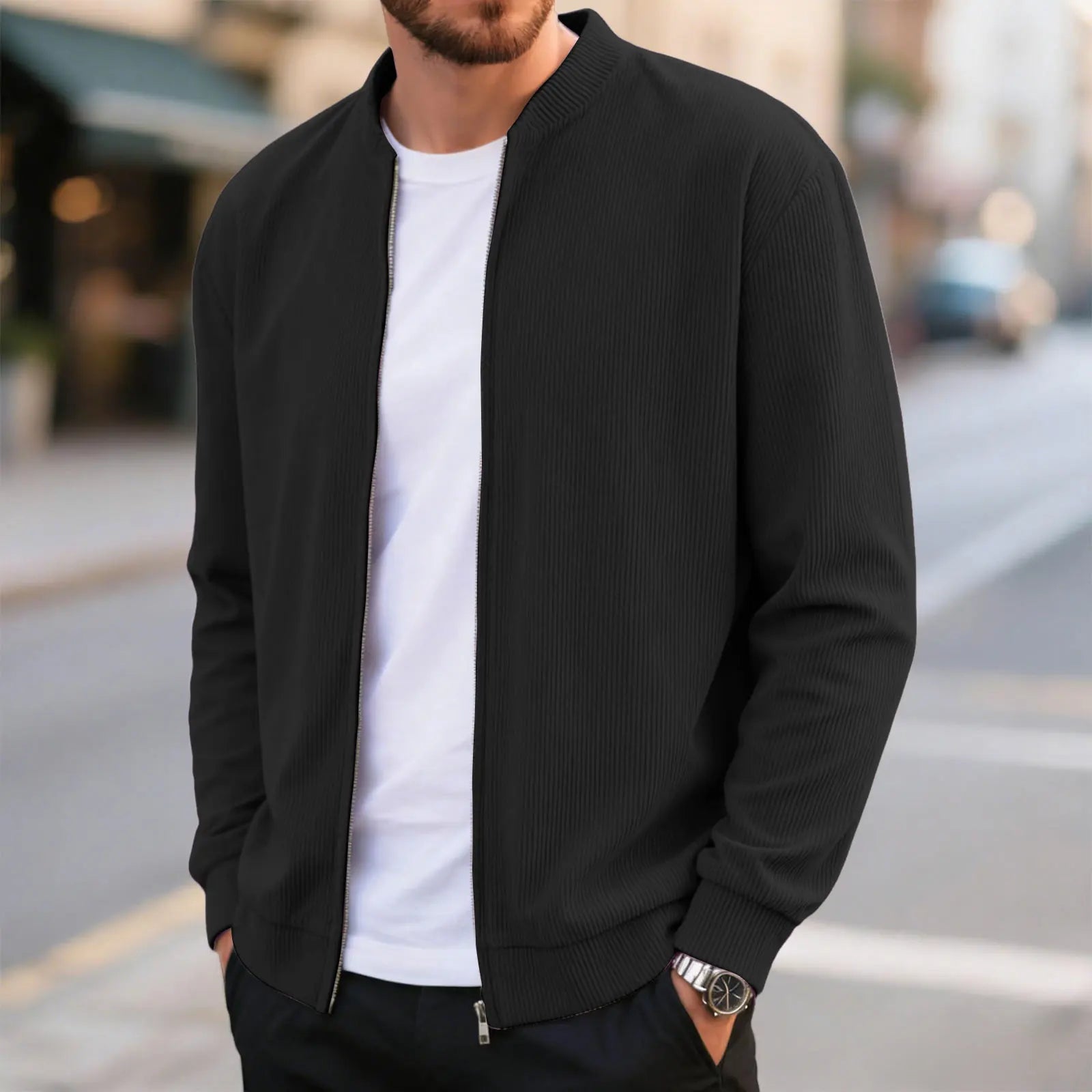 Corduroy Solid Color Men'S Casual Coat Round Neck Zipper Long Sleeve Outerwear Autumn/Winter Stylish Male Jacket Overcoat