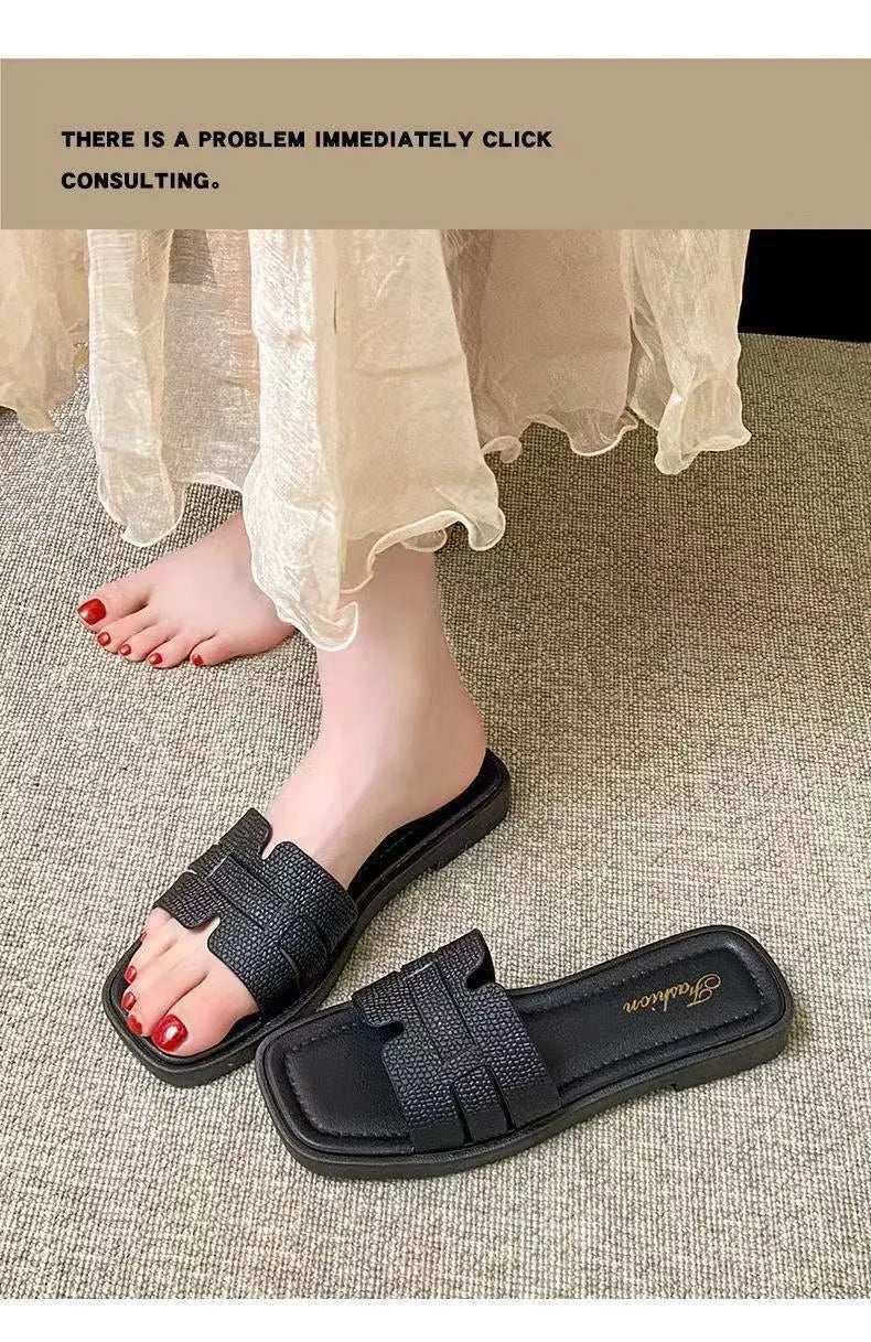 Fashion women's smooth slippers small Xinhong style French-style square toe high-end summer beach and outdoor slippers Advanced
