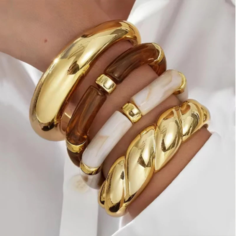 3 Pcs Irregular Wavy Resin Metal Bangle Set For Women Open Cuff Bracelets Bohemian Beach Vacation Stackable Trendy Jewelry Gifts
