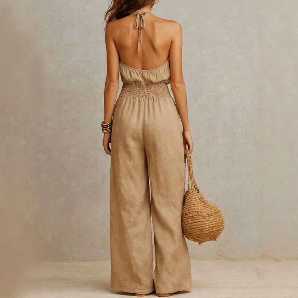 New Sleeveless Linen Backless Jumpsuit Women's Cross-Border Street Style Wide Leg Pants Long Trousers No Neck Label