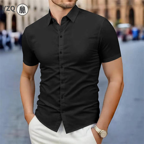 2025 New Men's Business Casual Solid Color Short Sleeved Shirt for Summer Fashion No Ironing Comfortable and Versatile Top