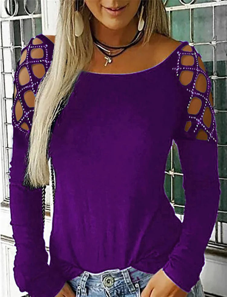 European and AmericanCross Border New Women's Round Neck Hot Diamond Hollow Long Sleeve Top T-shirt