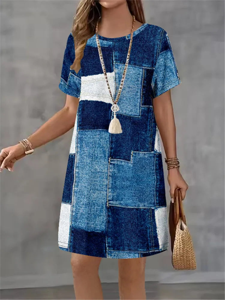Women's Summer Short Seeved Round Neck Casual Mini Dress Vintage 3D Imitation Denim Printed Dress Elegant Women's Dress Vestidos