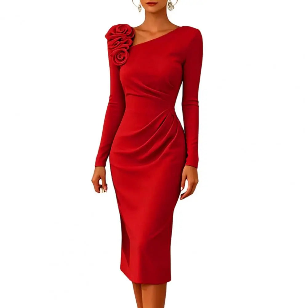 Retro Style Dress Women's Cocktail Party Bodycon Midi Dress Long Sleeve 3d Flower Ruched Gown Formal Wedding Guest Evening Wear