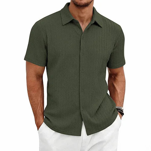 European and American Men's Casual Jacquard Shirt Men's Summer Solid Color Lapel Breathable Men's Short-Sleeved Shirt Top