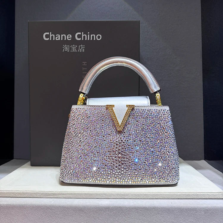 High Luxury Genuine Leather Diamonds Tote Women's Handbags 2025 Small Evening Bag V Letter Rhinestone Shoulder Crossbody Bags