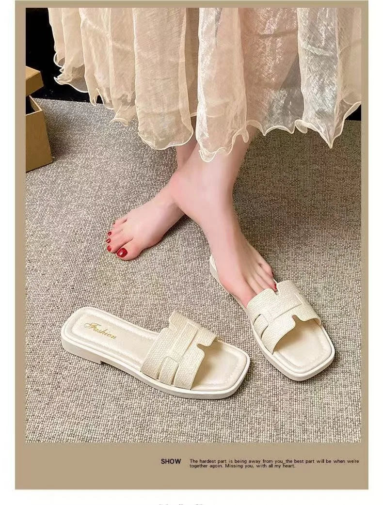 Fashion women's smooth slippers small Xinhong style French-style square toe high-end summer beach and outdoor slippers Advanced