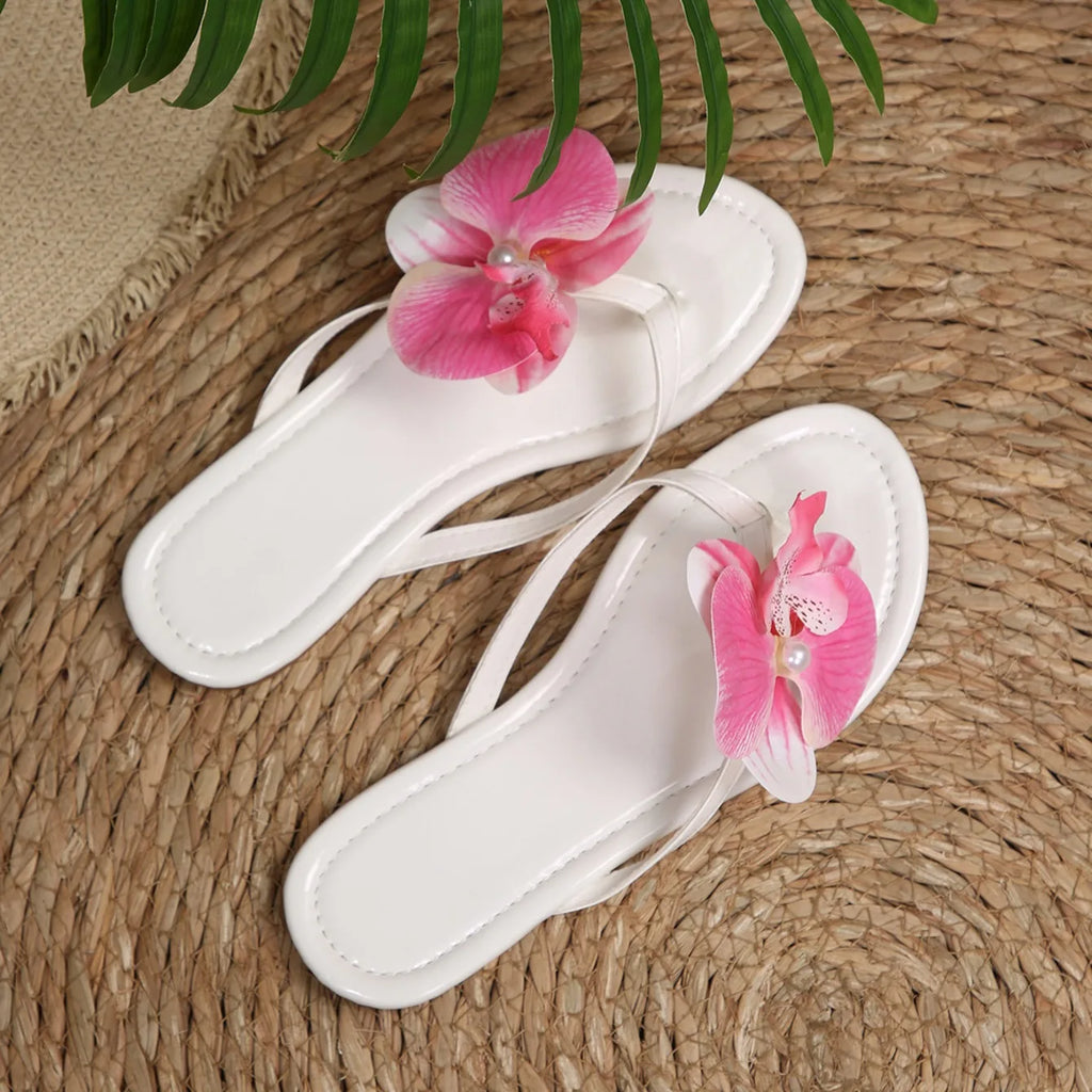 Women Slippers Comfort Non Slip Beach Flip Flops Clip Toe Flower Decor Summer Shoes for Women Fashion Flat Sandals Slides Women