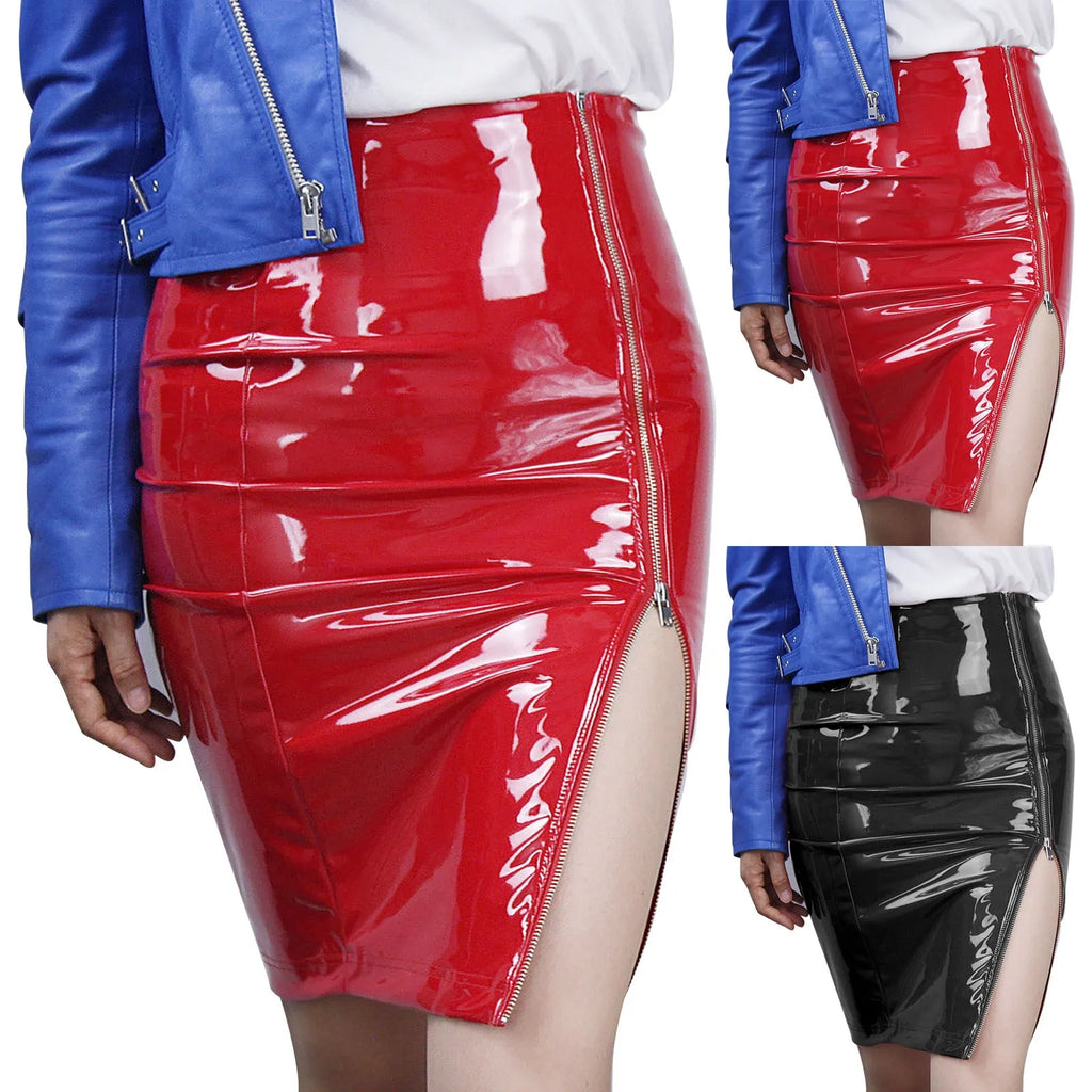 Fashion Womens Leather Skirt Bright Pvc Patent Leather Sexy Hip Wrapped Pencil Skirt Woman Side Zipper High Waist Skinny Faldas