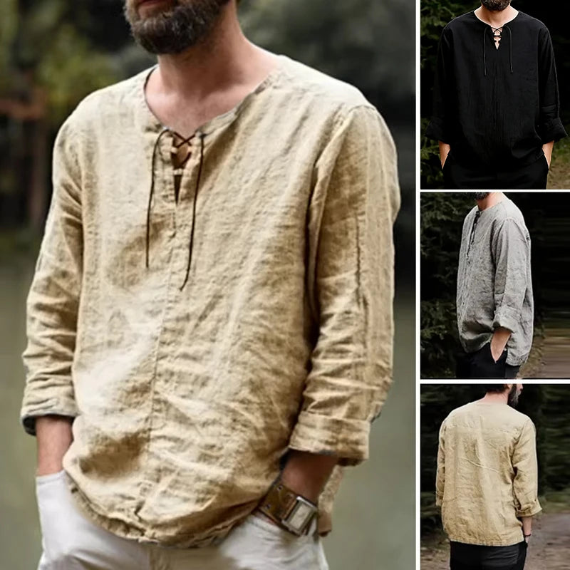 Men's Medieval Pirate Shirt - Historical Renaissance Faire Costume with V-Neck, Lace-Up Collar & Adjustable Drawstring Waist - L