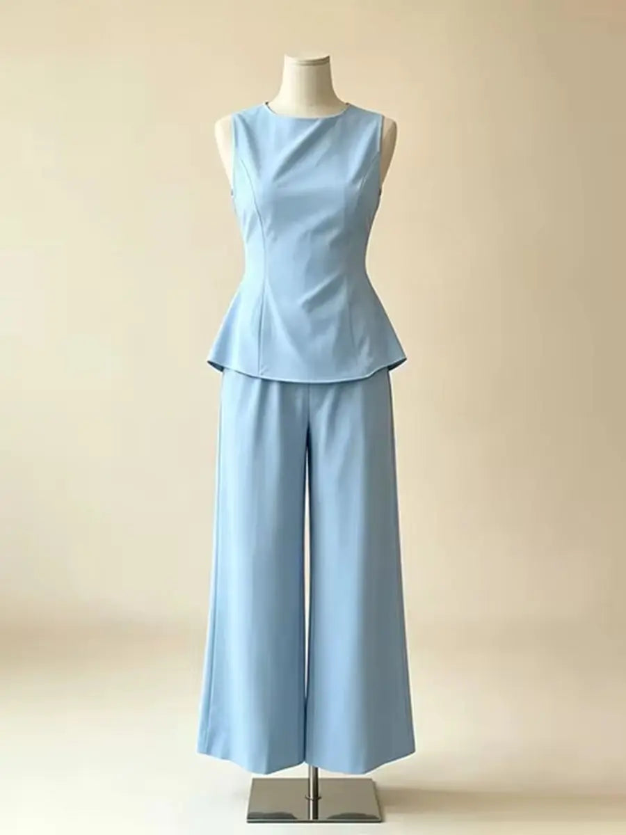2026 Women Elegant Back Tie Sleeveless Peplum Top + Wide Leg Pants 2 Piece Casual Set
