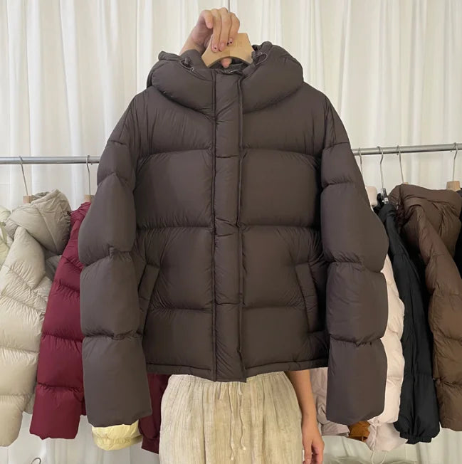Down jacket women's 2025 winter new short hooded new national standard white duck down bread jacket, puff light luxury jacket