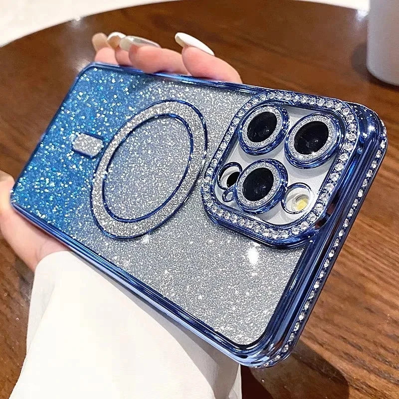 Plating Glitter Diamond Rhinestone Magnetic Wireless Charging Case for IPhone 17 Air 16 15 14 13 12 Pro Max Soft Silicone Cover