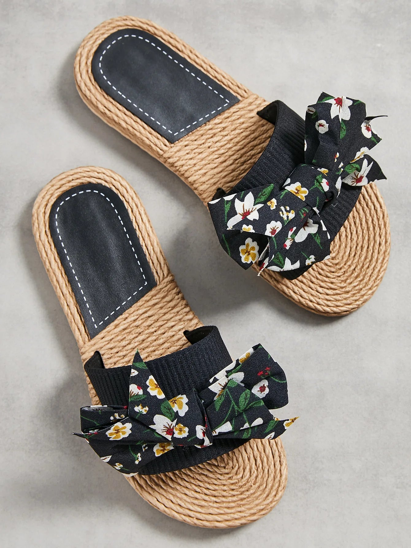 Female Summer Slippers Artificial Straw Sole Shoes Lady Summer Indoor Flat with Flip Flops Stitching Floral Women Slippers