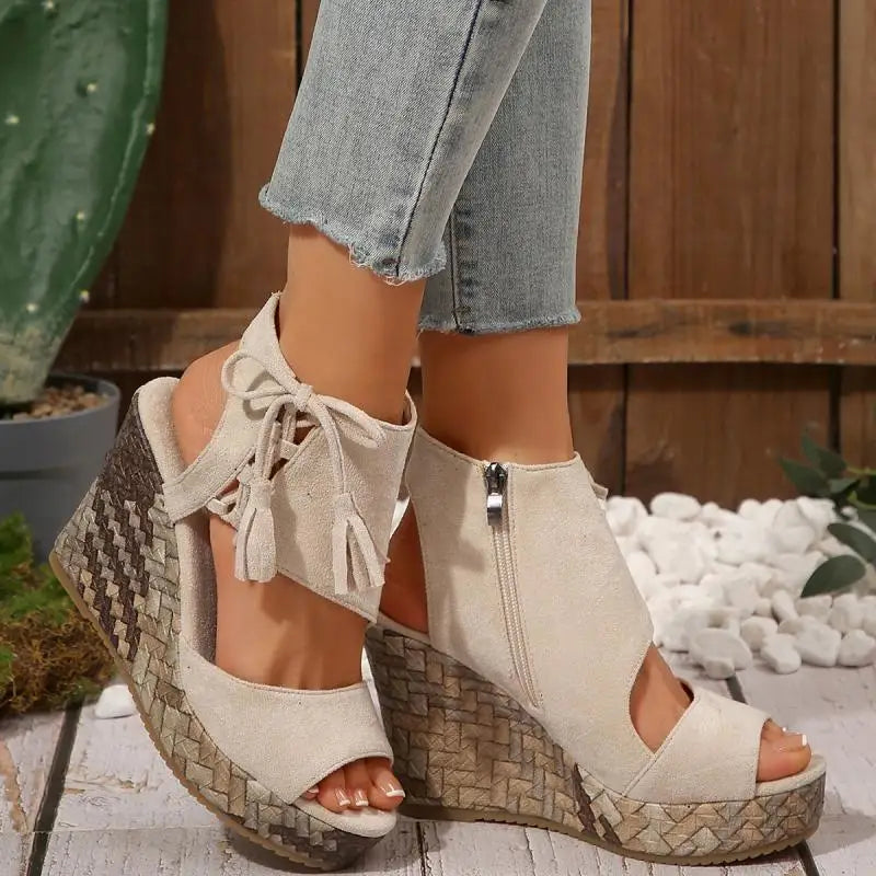 Bohemia Tassel Decoration Side Zip Sandals Women 2026 Summer Chunky Platform Wedge Heel Sandals Sexy Super High Heel Beach Shoes