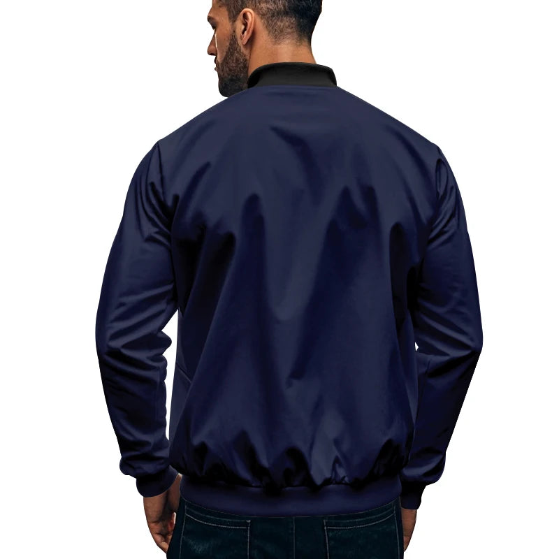 2024 New Spring And Autumn Men's Stand Collar Jacket Solid Color Leisure Sports Long Sleeve Zipper Coat Straight Tube Large Size