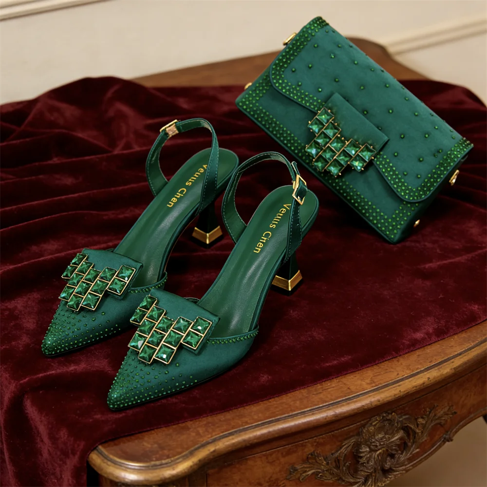 Venus Chan 2026 INS Italy Elegant Rhinestone Pointed Toe High Heels & Matching Bag Set - Perfect for Women's Parties & Weddings