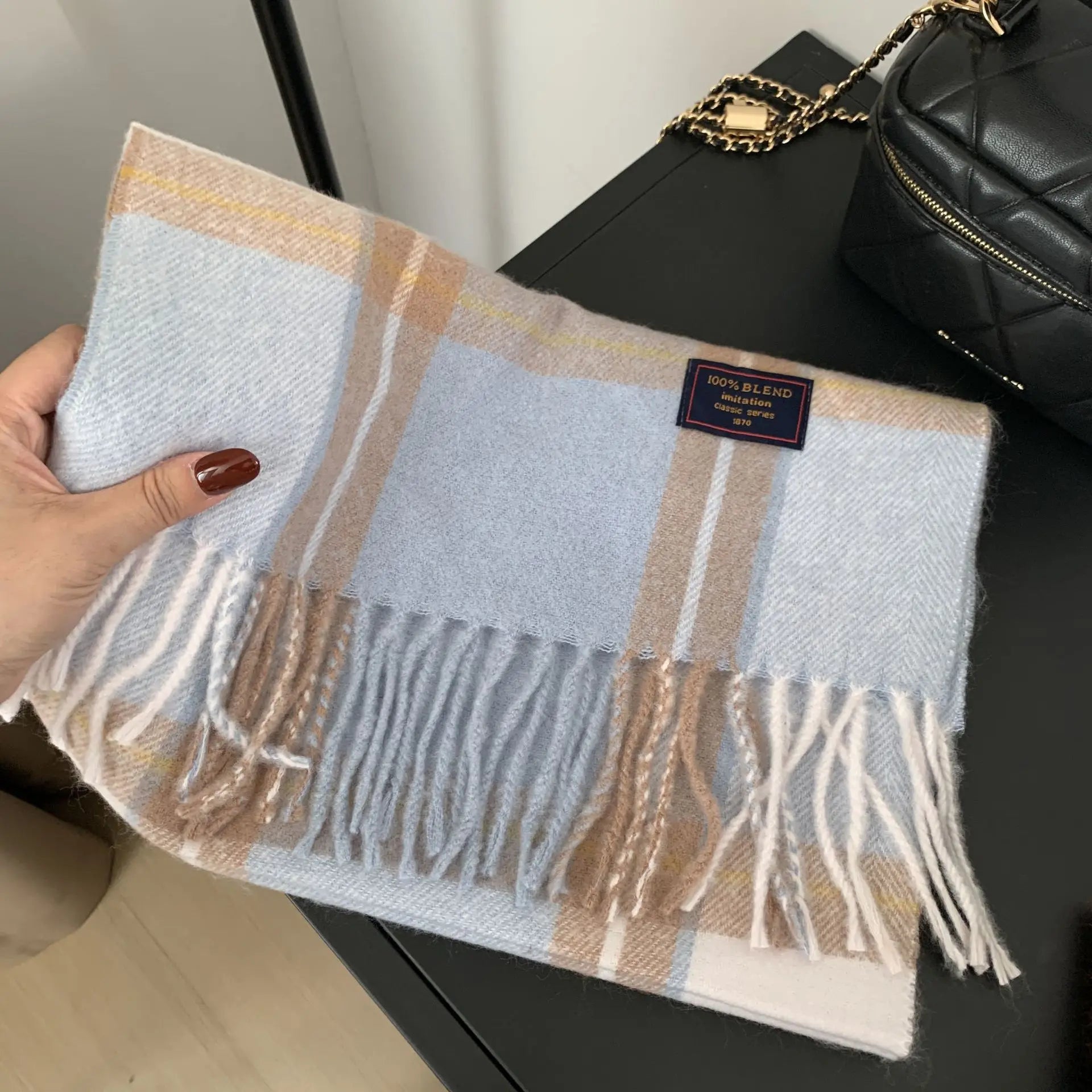 Faux Cashmere Plaid Scarf British Classic Style Light Luxury Unisex Warm Winter Autumn Neck Wrap for Couple