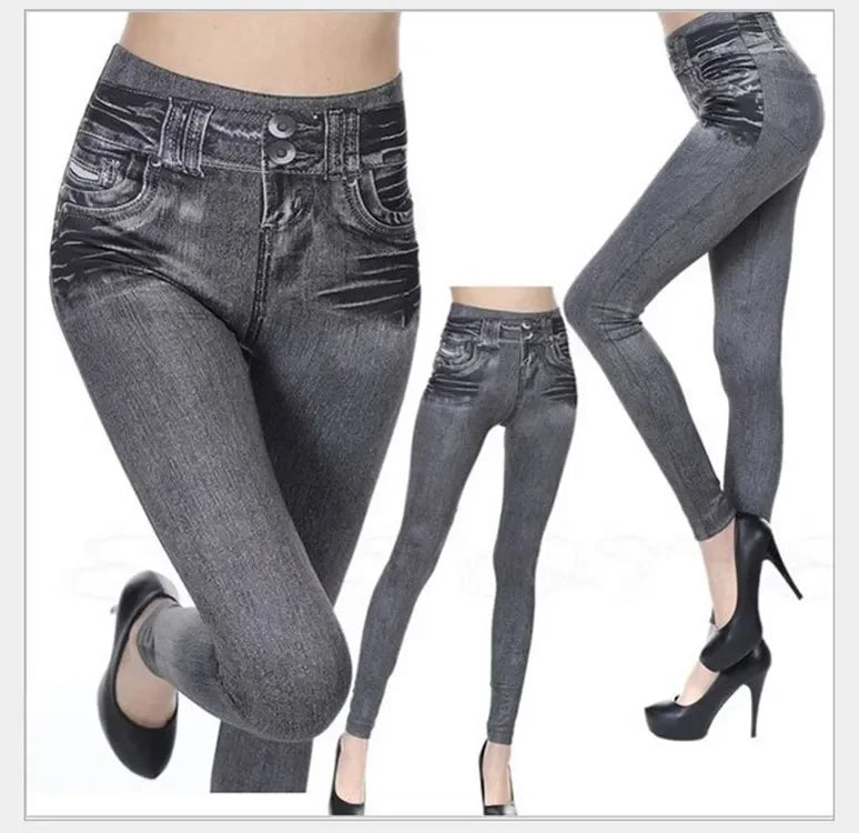 2025 Slim Women Workout Leggings Faux Denim Jeans Leggings Fashion Fitness Leggings High Waist Pencil Plus Size Pants for Women