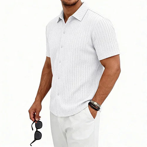 European and American Men's Casual Jacquard Shirt Men's Summer Solid Color Lapel Breathable Men's Short-Sleeved Shirt Top