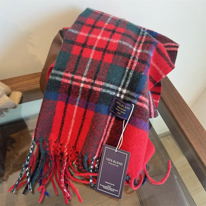 Faux Cashmere Plaid Scarf British Classic Style Light Luxury Unisex Warm Winter Autumn Neck Wrap for Couple