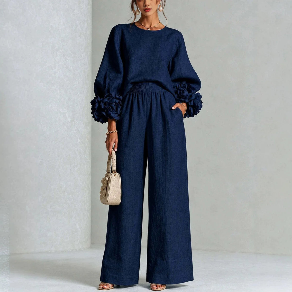 Women 2 Piece Outfit O Neck Puff Long Sleeve Top 3D Floral + Elastic Waist Wide Leg Pants Set Autumn Elegant Casual Office Suit