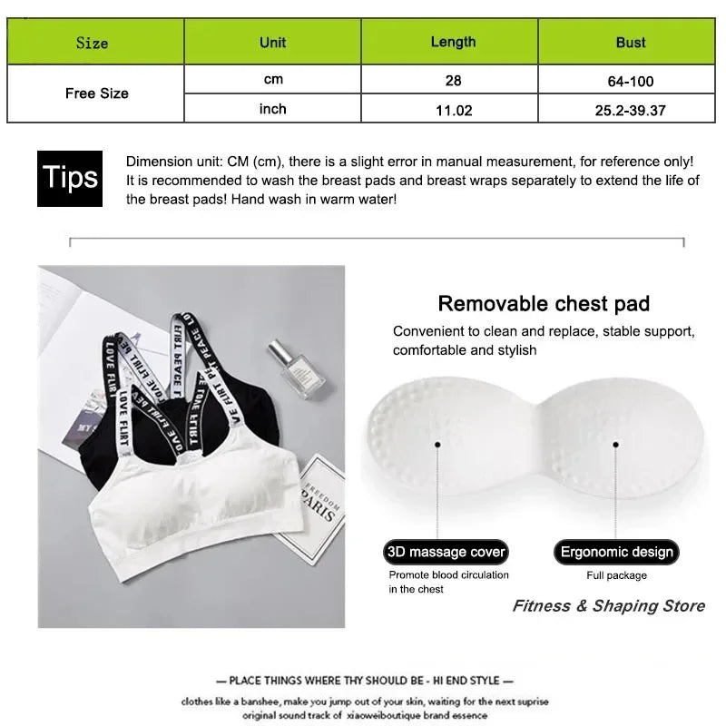 Letter strap back underwear women without underwire integrated with chest cushion back heart strap women wrap chest fitness yoga