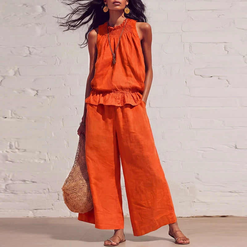 Summer Cotton Linen Solid Color Sleeveless Vest Top Women Pants Suit Casual Pocket Elegant Female Office Retro 2 Piece Set