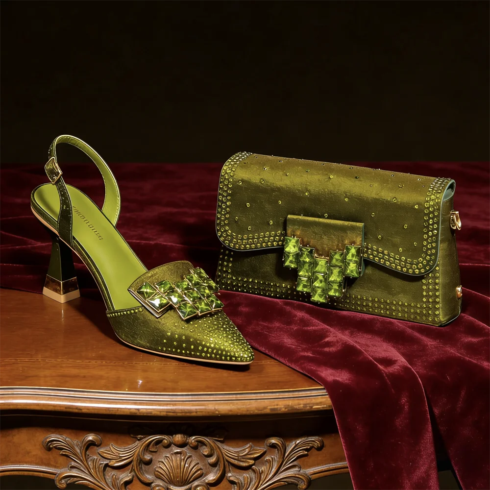Venus Chan 2026 INS Italy Elegant Rhinestone Pointed Toe High Heels & Matching Bag Set - Perfect for Women's Parties & Weddings