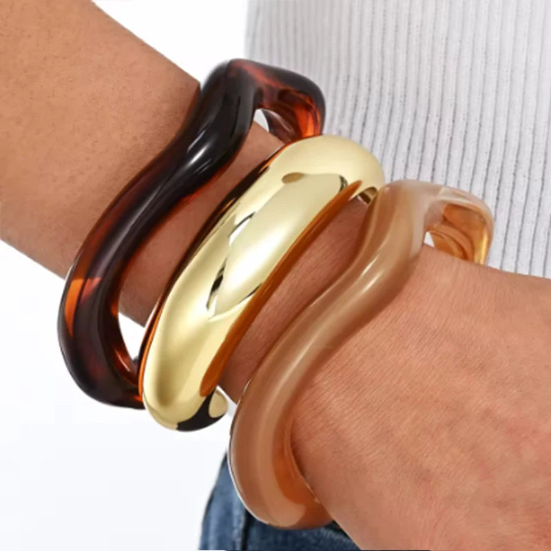 3 Pcs Irregular Wavy Resin Metal Bangle Set For Women Open Cuff Bracelets Bohemian Beach Vacation Stackable Trendy Jewelry Gifts