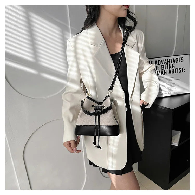 Canvas Bucket Bag Luxury Designer Handbags Women PU Shoulder Bag Fashion Crossbody Daily Commuting Tote Bag