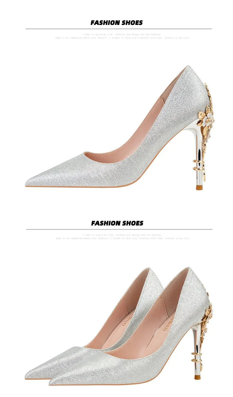 High End Metal Flower High Heels New European American Fashion Luxury Sexy Pointed Women's Shoes Banquet Party Casual Shoes